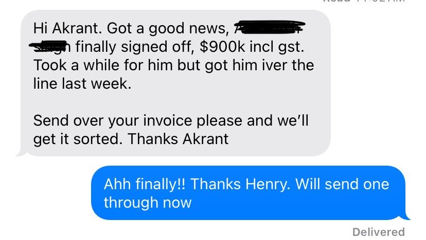 Client message confirming a project was signed off for $900k including GST.